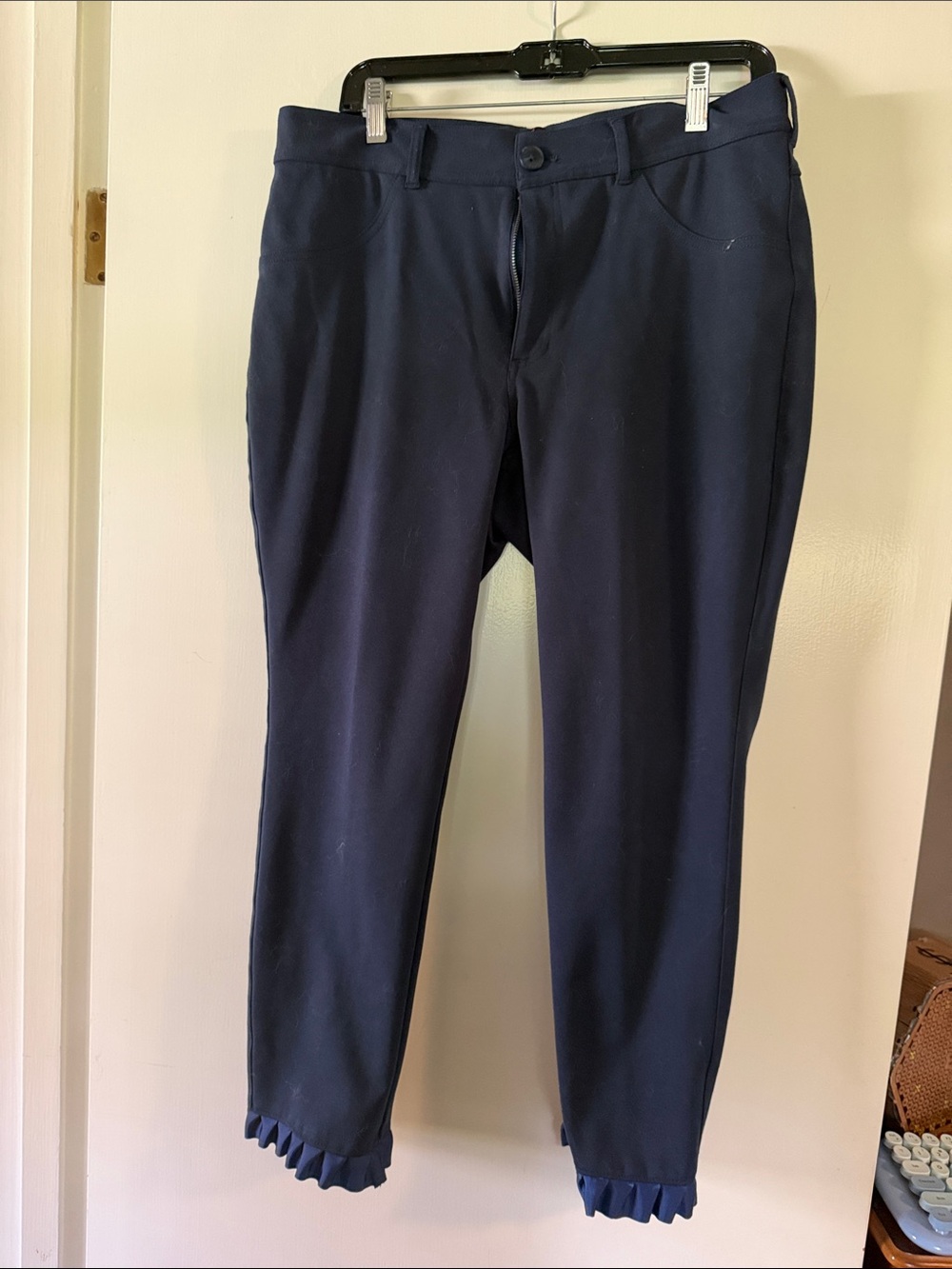 Women's Navy Cropped Ankle Pants with Ruffle Trim